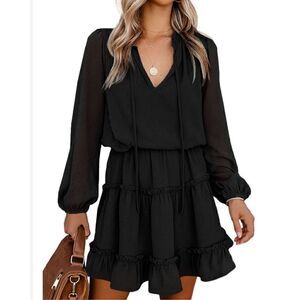 NWT BTFBM Women's V Neck Tie Neck Long Sleeve High Waist Dress Black Size M